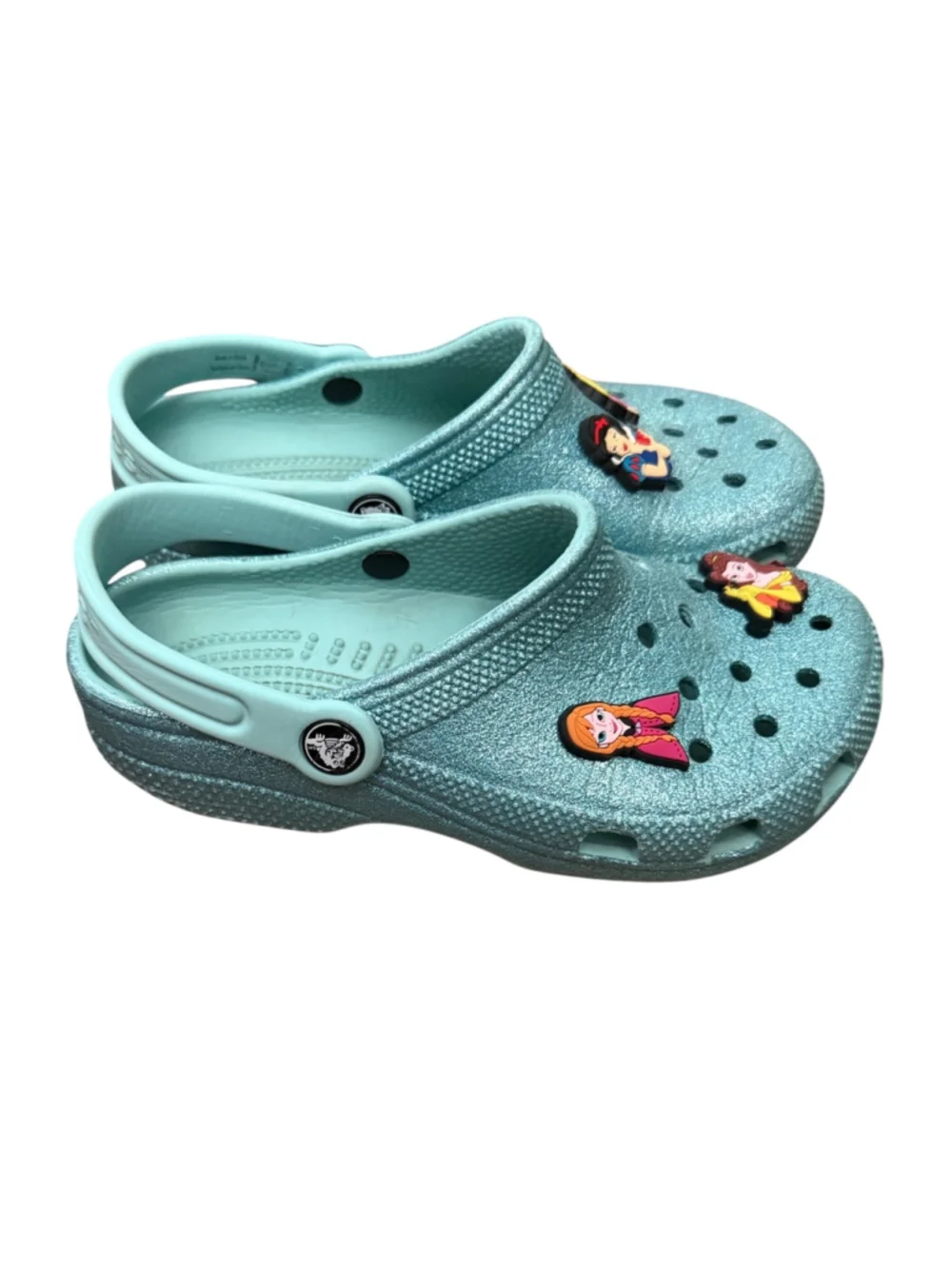 Blue Turquoise Sparkle Glitter Crocs with Added Disney Princess Jibbitz Charms G